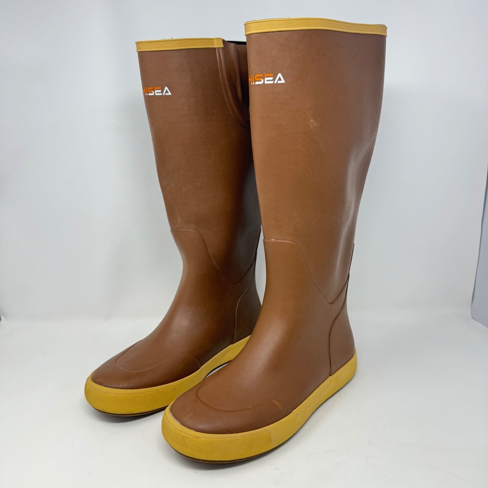 Hisea Mens Deck Boots Brown Yellow Waterproof Rubber Fishing Boots Size 7